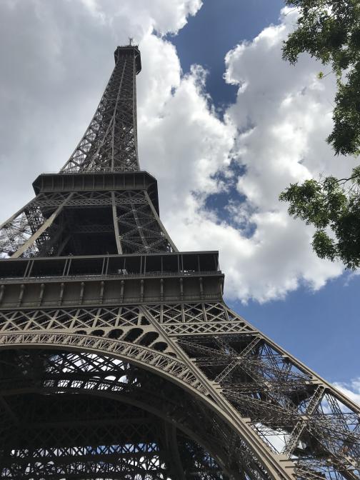 We are looking up at the Eiffel Tower, from just barely outside its footprint.  One leg is visible descending to the lower right corner; but for the bottom of the leg, the tower’s entire height is visible.  A few branches in the upper right corner of the photo are the only other thing obscuring a partly cloudy sky.