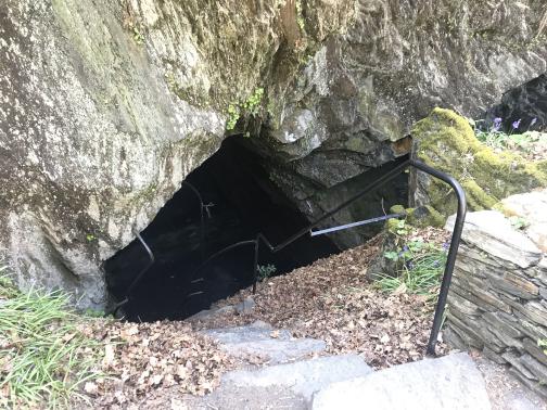 Stone steps descend into a black cavern, steeply enough that a ladder is probably in place just beyond the edge.  The cavern is under a massive stone outcropping.  A single pipe railing offers some support to whoever might climb down.