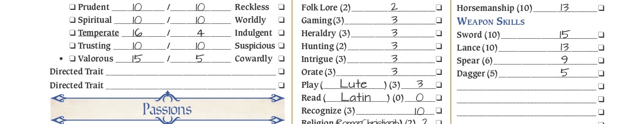 part of a Pendragon character sheet