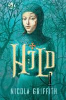 The cover of “Hild”, by Nicola Griffith:  A girl or young woman stands wearing a mail helmet, red curls sticking out from under it, looking towards the viewer.  She wears a knife or sword at her hip, and stands amid bare trees, with a birds perched in front of the moon behind one tree.  The entire cover is colored a greenish-blue, with the young woman’s clothing barely distinguishable from the background.